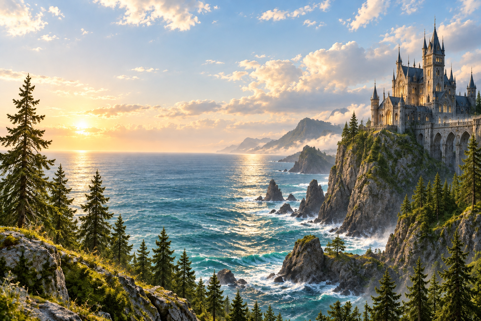 Our castle at sunrise, above a blue ocean and an emerald forest