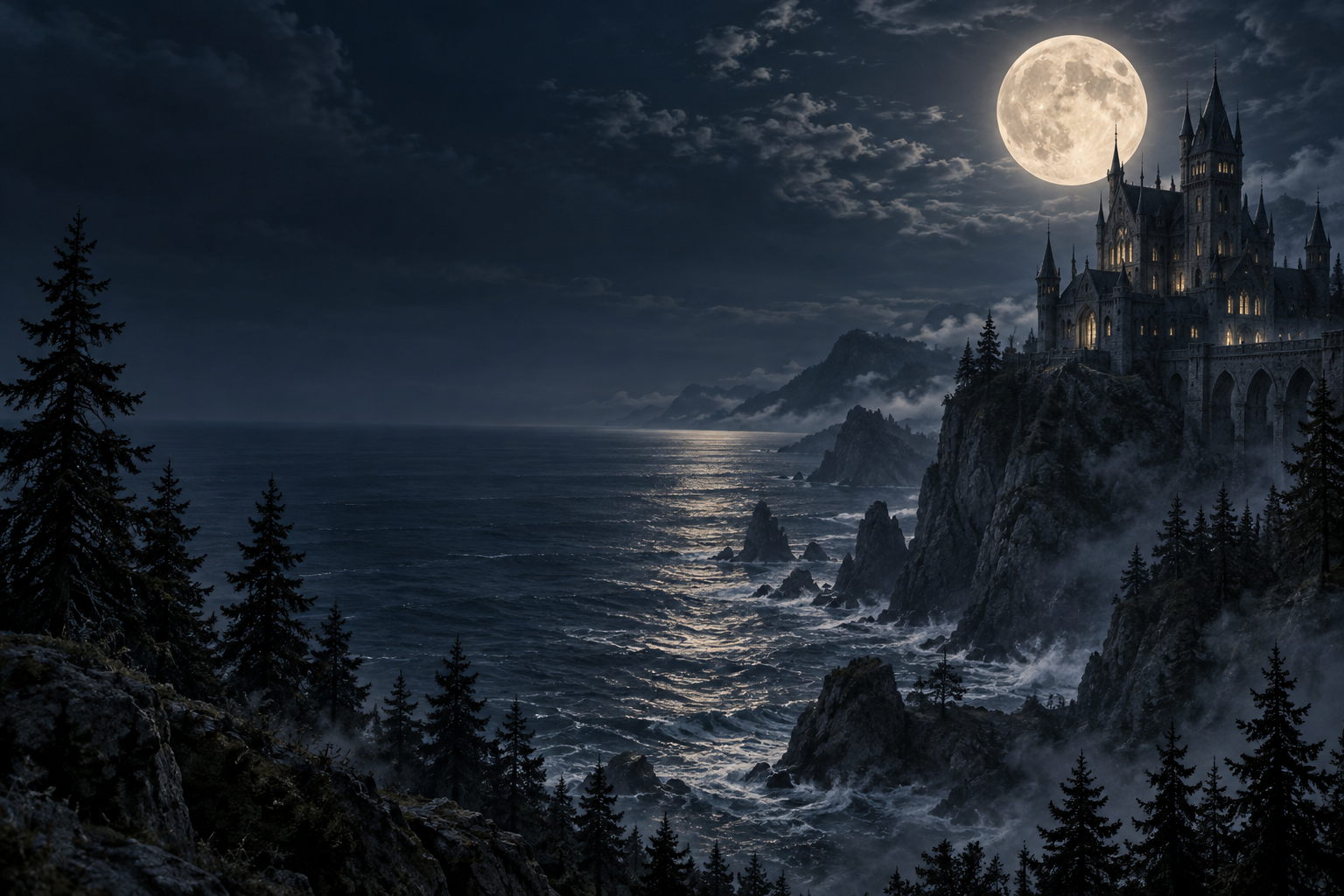 An ancient castle above a moonlit ocean, framed by a dark forest